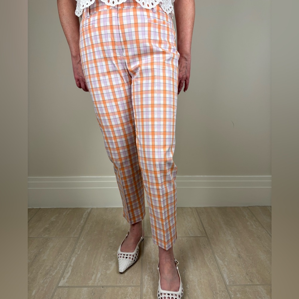 Ann Taylor Cotton Pants Check Plaid White Orange Purple Straight Ankle 2P